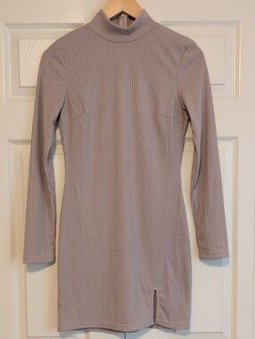 Hello Molly Taupe Chic  Ribbed Mock Neck Long Sleeve Mini Dress Bodycon